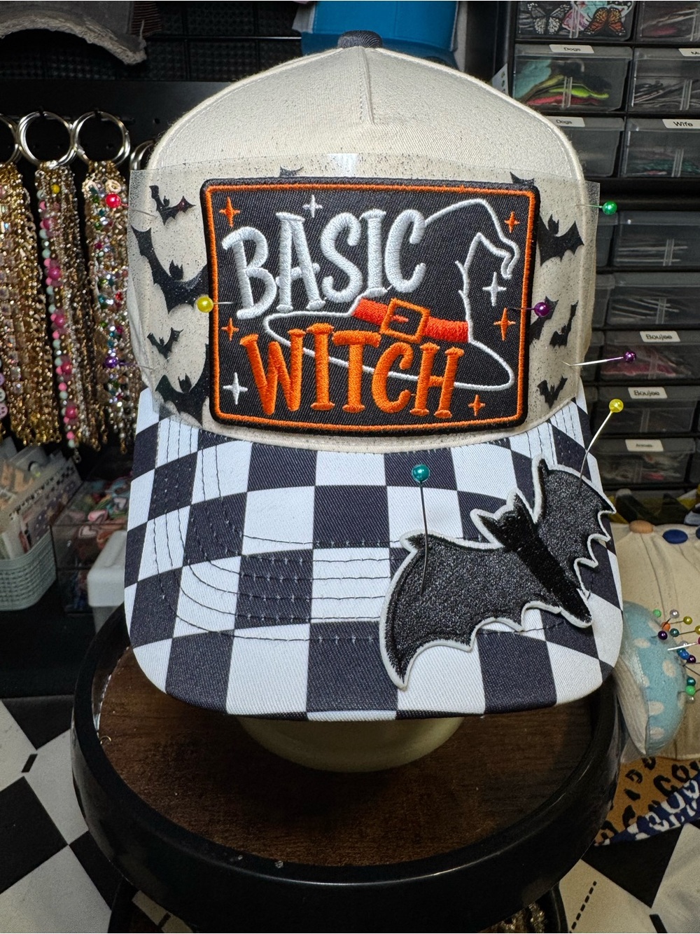 Basic Witch Beige & Black Checker Trucker Hat